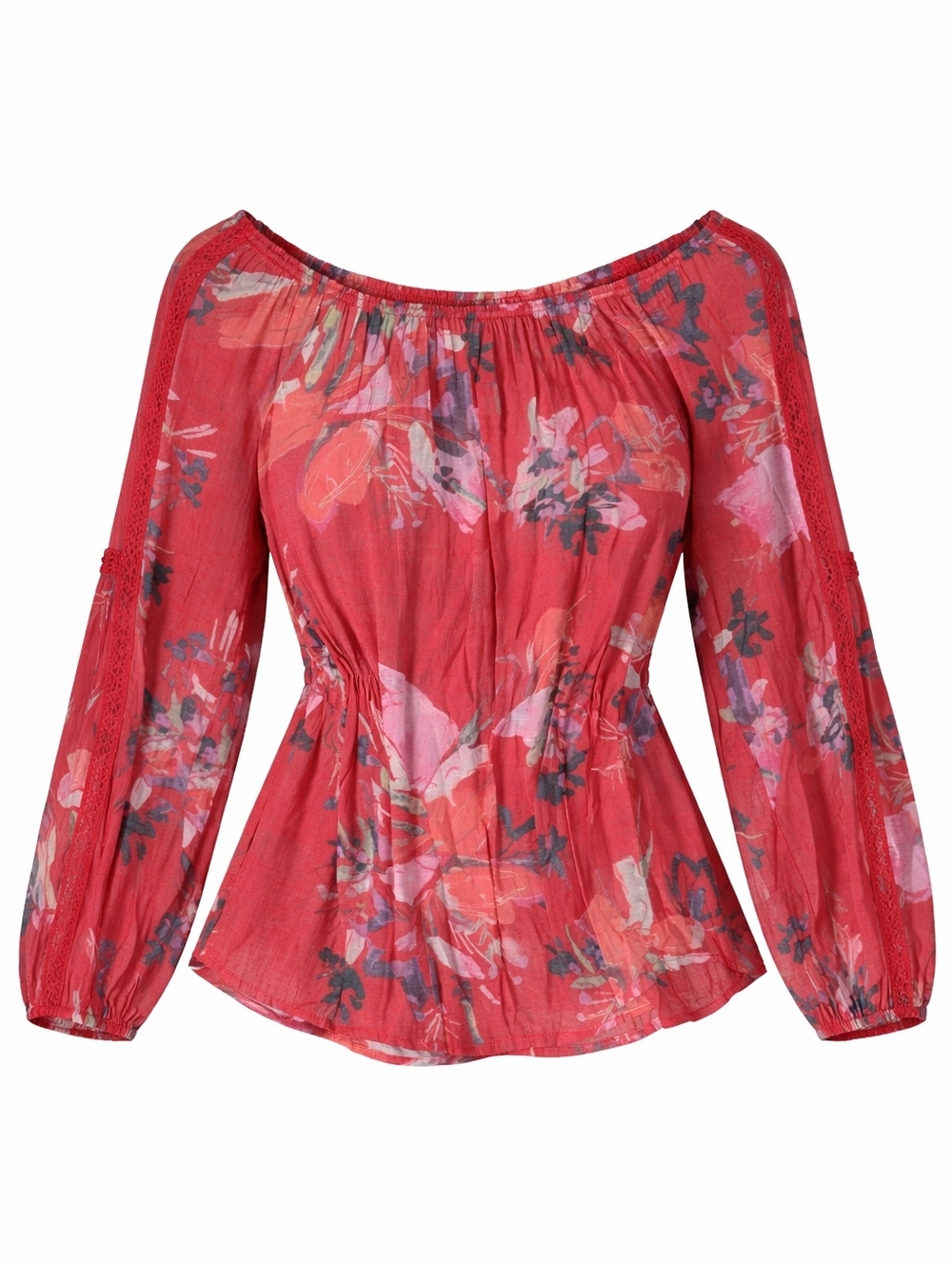 Hope & Harlow Romantic Red Floral Off-Shoulder Peasant Boho Flowy Blouse Size L